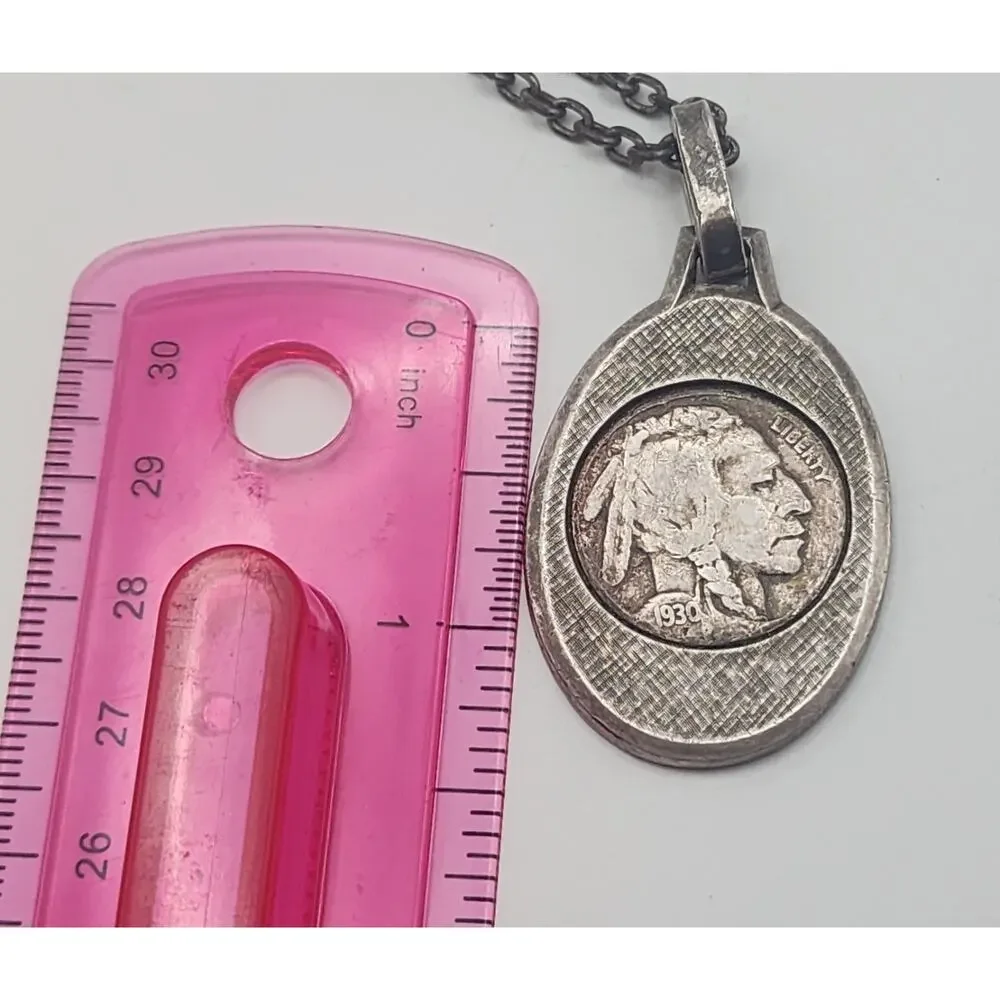 Vintage 1930 Indian Head Nickel Silver Pendant Necklace with Chain Jewelry